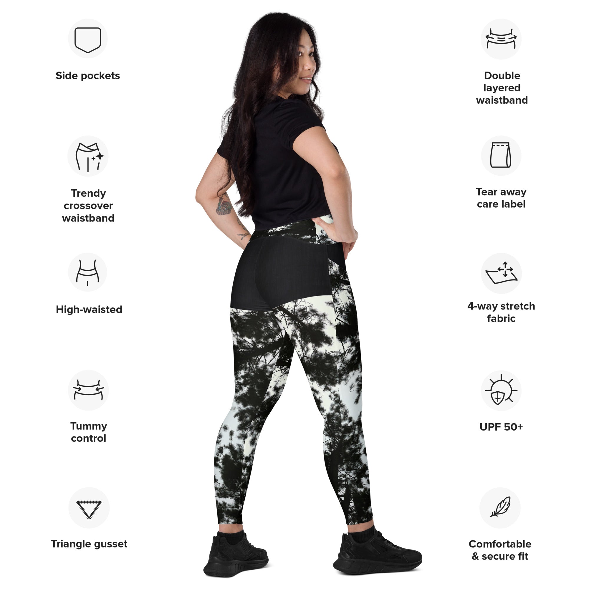 Workout or Dance Leggings with Pockets. Crossover Waist Yoga Pants- Black & White Leggings. WickedYo.
